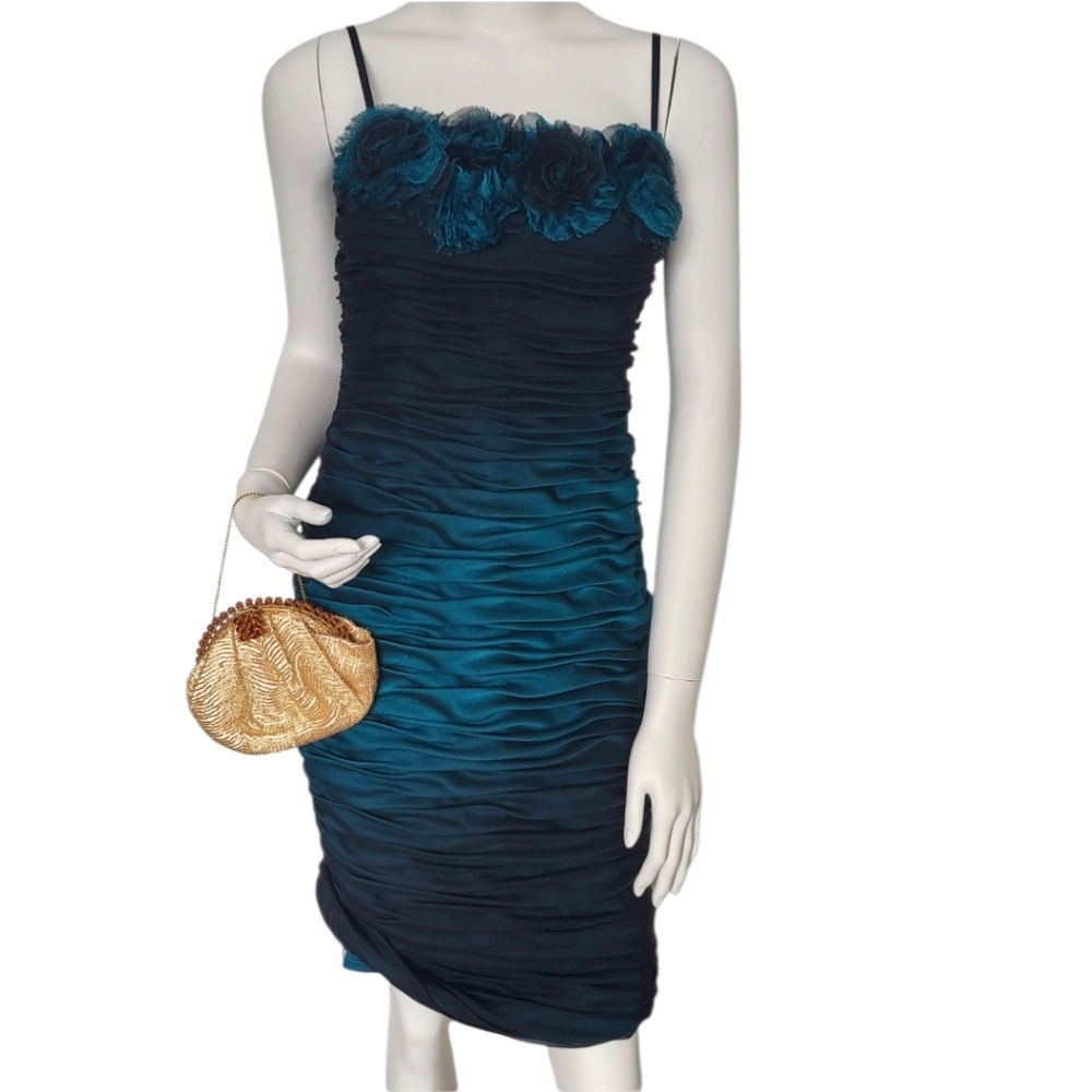 Adrianna Papell Teal + Black Ruched Bodycon Mini Wedding Guest Party Dress